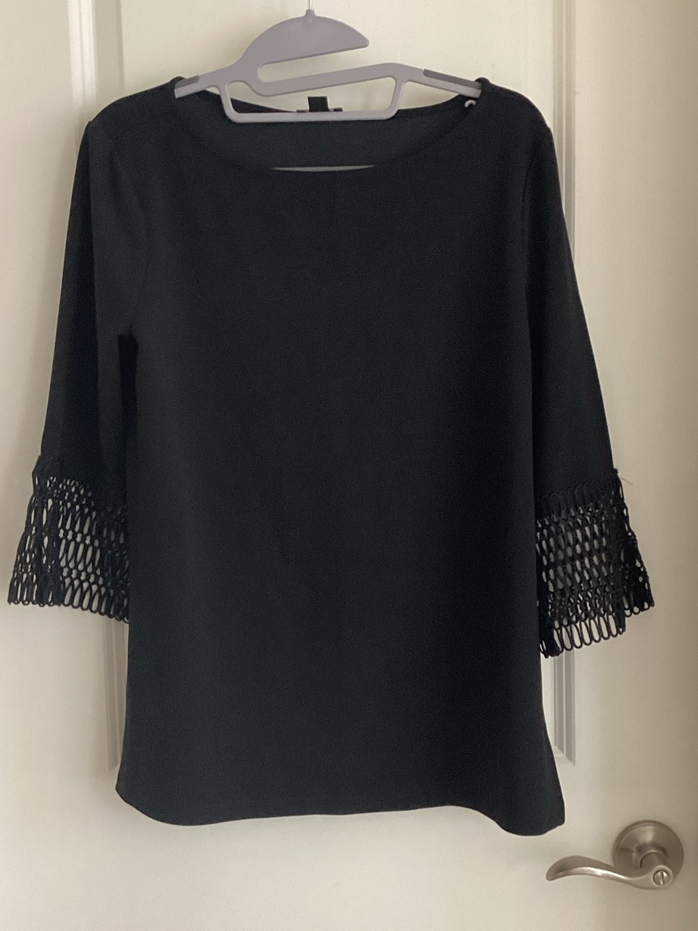 Ann Taylor Factory Black Crochet Bell-Sleeve Top